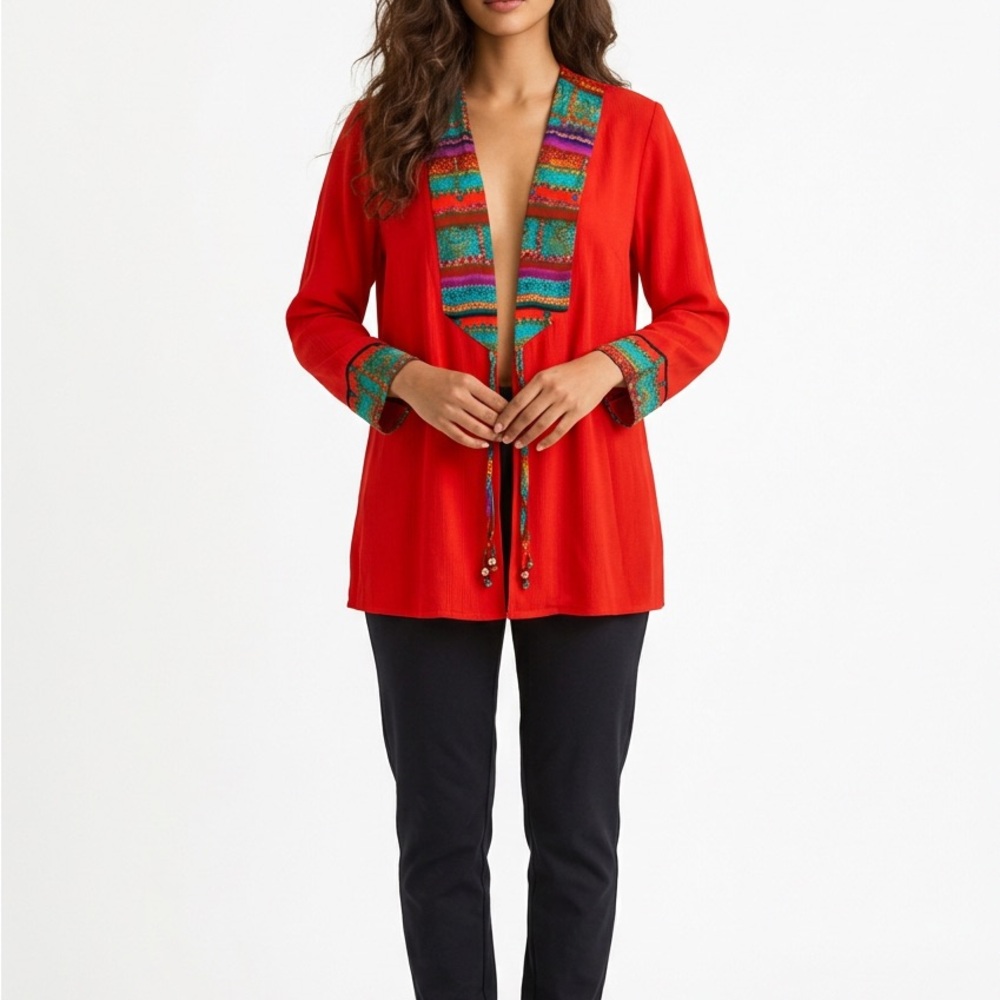 Vibrant Red Open Front Cardigan With Aztec Designed Size Large Made in USA